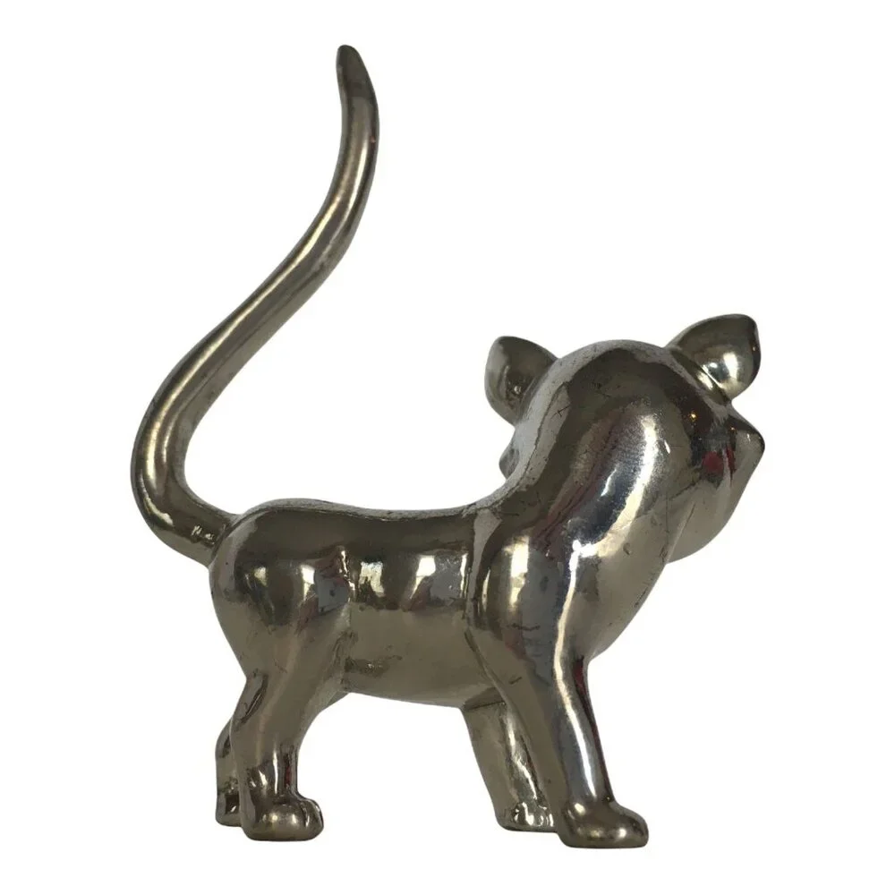 Vintage Cat Ring Holder Jewelry Display Silver Color Rhinestone Eyes Figurine - Picture 2 of 8